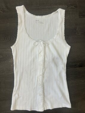 aerie Women's White Ribbed Button-Front Tank Top with Lace Trim